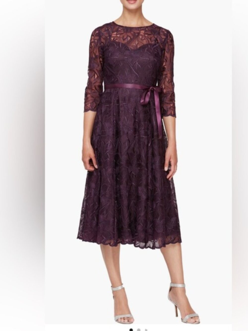 Alex Evenings Women's Tea Length Embroidered Cocktail Dress with Illusion Sleeve